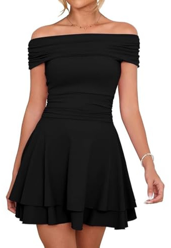 Women's Sexy Off Shoulder Mini Dress Ruched Sleeveless Short Dress Y2k Summer Slim Fit Bodycon Dresses A Line Swing Party Club Cocktail Dresses(L) Black