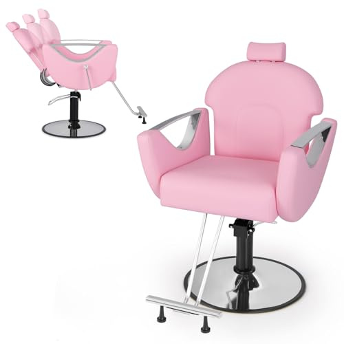COSTWAY Frisörstol, höjdjusterbar, salongstol 360° roterbar, frisörfåtölj med nackstöd och hydraulpump, barberstol kan belastas upp till 150 kg för frisörsalong, tatueringsutrustning (rosa)
