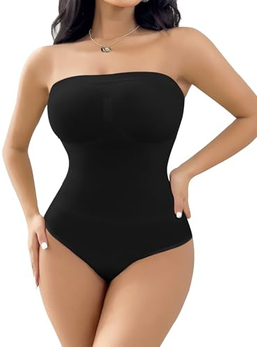 SheBuddy Women's Strapless Shapewear Triangle Bodysuit Tummy Control Seamless Sculpted Body Shaper with Removable Straps
