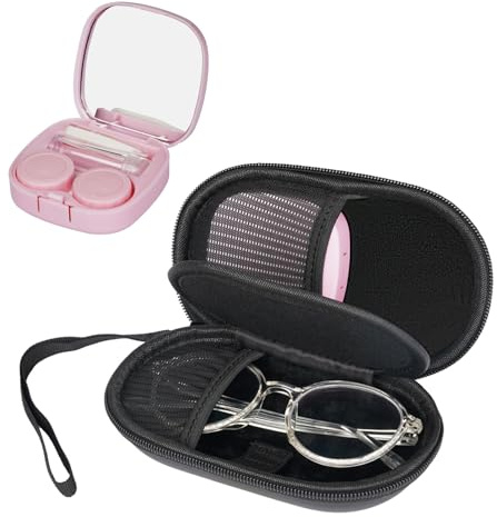 RAWILL Portable Glasses and Contact Case 2 in 1 Travel,Contact Lens Case with Storage Kit Included Built-in Mirror,Tweezer, Lens Solution Bottle