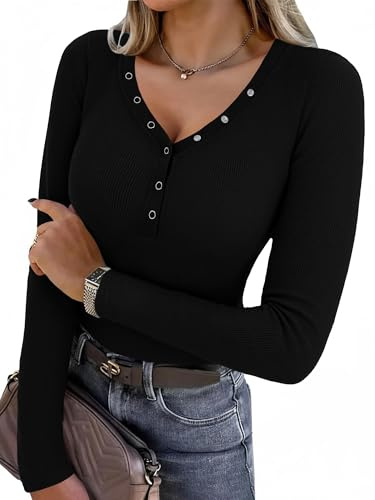 Aottori Tee Shirt Femme Col V Boutons Haut Côtelé Manches Longues Uni | Sensation souple extensible; Manches longues; Col V avec boutons décoratifs; Avec jean jupe ou blazer; Bureau et sorties