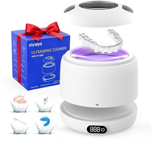 Voraiya Nettoyeur Ultrasons Dentaire IPX7 Etanche Ultrasonic Cleaner Base & Dental Pod Amovible Nettoyant Ultrason avec 2 UV Lampes pour Prothèses Dentaires, Gouttière Dentaire, Retainer, Bijoux
