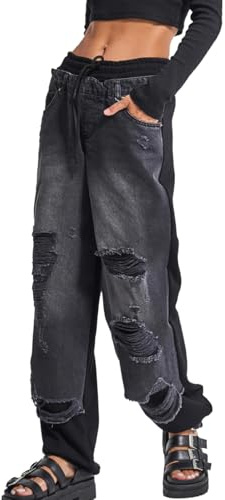 XUSAI Black Gray,M,Jeans da Donna a Gamba Dritta Patchwork Strappati con Coulisse Elastico in Vita Pantaloni Sportivi in ​​Denim con Orlo da Jogging Sottile