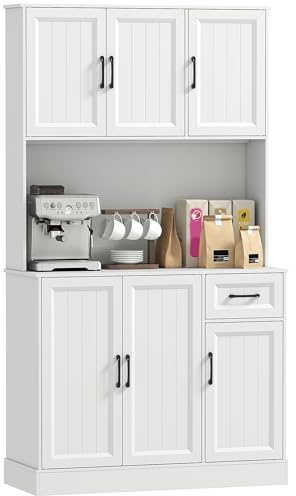 HOMCOM Küchenschrank mit Arbeitsplatte 6 Türen 100 x 39,5 x 180,5 cm Weiß | Buffetschrank, Verstellbaren Regalen, Schublade, Hochschrank Vorratsschrank mit Kabelloch, für Küche Wohnzimmer Esszimmer
