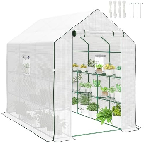 Outsunny Invernadero de Jardín de 3 Niveles, Invernadero de Exterior con 12 Estantes, Puerta Enrollable, Ventanas, Anti-UV, Cubierta de PE 135g/m² para Cultivos, Plantas, Flores, 140x213x190 cm Blanco