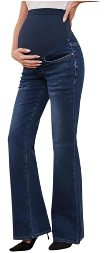 TTAO Dam hög midja slagjeans graviditet lång stretch skinny utsvängda byxor med vida ben mammamode denim byxor, Mörkblå, L