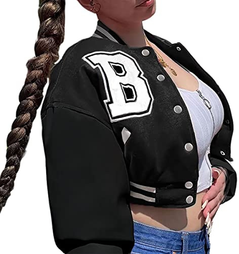 babyhealthy Womens Crop Varsity Jacket Stitched Leather Baseball Bomber Jacket Y2K Streetwear Short Coat A Black