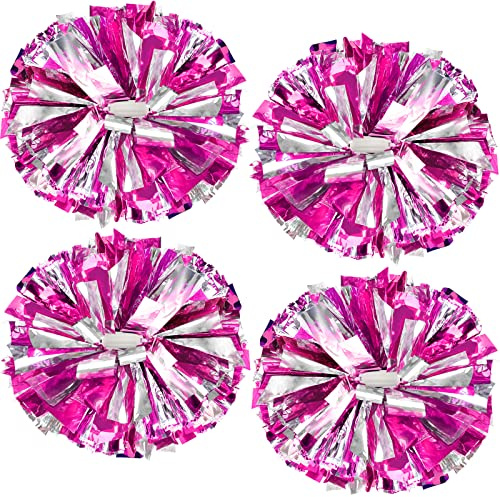 ZONITOK 4Pcs Metallic Cheerleading Pom Poms, Cheerleader Pompoms with Baton Handle, Cheering Squad Pompoms for Kids Adults School Dance Sports Team Spirit Cheering (Rose Silver)