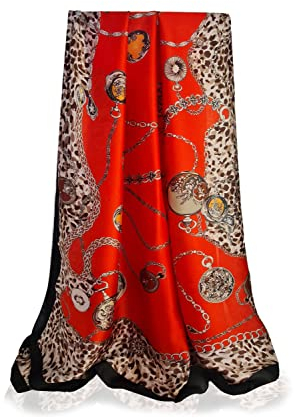 GLORIS Damen schal fein seidig groß 180 x 90 cm Rot mit buntes Muster. Halstuch Tuch für Frauen. Kopftuch Halstuch Schal. Seidenschal Elegante