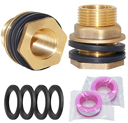 AIMEKE 2 PCS Passe Paroi Laiton Extérieur 3/4 et Intérieur 1/2 Robinet Recuperateur Eau de Pluie, Raccord Récupérateur Eau de Pluie avec Joints D'étanchéité et Rubans PTFE