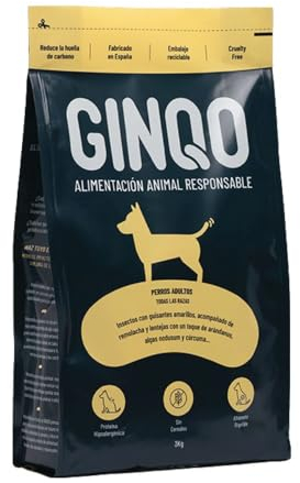 Ginqo Hypoallergenes Hundefutter aus Insektenprotein 3 kg - Trockenfutter für Ausgewachsene Getreidefrei, Glutenfrei, Laktosefreies, 27% Protein