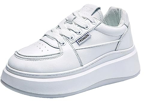 rismart Women's Platform Trainers Shoes Lace up Low-Top Comfy Casual Walking Shoes White, 5 UK