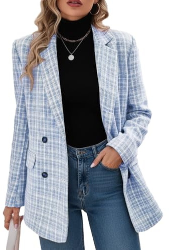 Mina Self Plaid Tweed Blazers Jackets For Women Business Casual Bouble Breasted Fashion Dressy Long Slim Blazer Fall Winter Clothes Outfits Coat Jacket For Womens LSG XL
