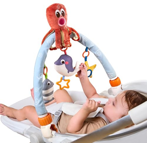 TUMAMA Arco Juguete Bebes 0-3 Meses,Cochecito Asiento de Coche Colgante Juguetes,Peluche Pulpo Juguetes Recién Nacido Regalo 0 3 6 9 12 Meses,Arco de Viaje con 3 Juguetes Sensoriales Colgantes