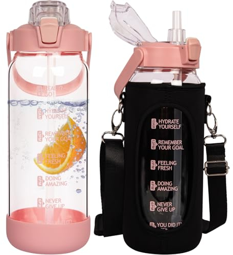 Seekua 2l Glasflasche | Trinkflasche Glas mit Strohhalm & Zeitmarkierung, Auslaufsicher 2 liter Große Wasserflasche Glas für Smoothie, Kohlensäure Geeignet, Spülmaschinenfest