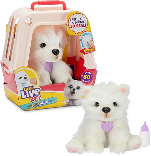 Little Live Pets My Really Real Puppy – Luna; Interaktiver Welpe; 60+ Geräusche/Reaktionen; realistisches Aussehen; 1 aus 72 Varianten; Spielset mit Transportbox; Batterien enthalten; ab 5 Jahren