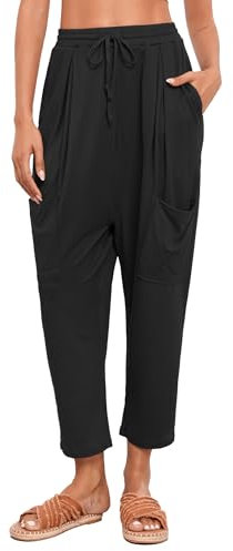 Famulily Damen Sommerhosen Harem Yoga Hose mit hoher Taille und tiefem Schritt Lounge Lose Hose mit Taschen Schwarz M