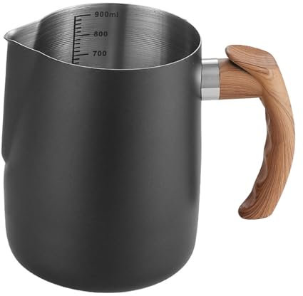 bephible Latte Art - Jarra de espuma de acero inoxidable con escala precisa, mango de madera, boquilla antigoteo, 600/1000 ml, taza de café para café espresso, capuchino, negro, 600 ml