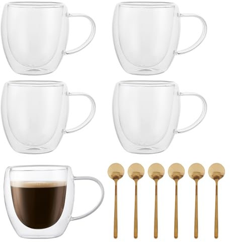 GBACHOOSE Lot de 6 tasses à café à double paroi avec poignée, 250 ml, tasses à café à double paroi et tasses en verre pour café au lait, cappuccino, jus, expresso