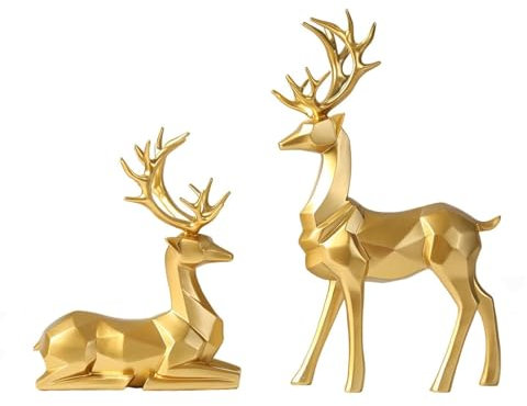 GangGangBAO 2 pezzi cervi decorativi, coppia di cervi figure dorate per desktop, in resina, alce e renna, decorazione natalizia, per soggiorno, camera da letto, Natale