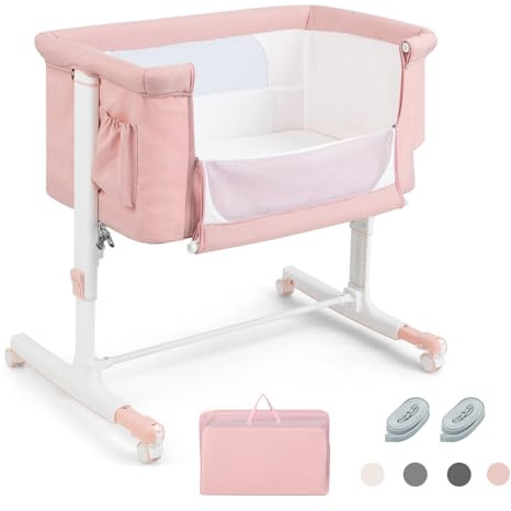 RELAX4LIFE 3 en 1 Cuna Colecho con 5 Alturas Ajustables, Ruedas Bloqueables, Colchón y Correa de Sujeción, Cuna Bebe con Bolsillo Portaobjetos y Bolsa de Transporte para Bebés 0-6 Meses (Rosa)