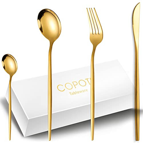 COPOTIO Gold Cutlery Sets for 6 People, 24 Pieces Stainless Steel Silverware Set with Knife Fork Spoon, Slim Handle