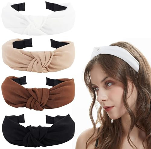 TELAIN Confezione da 4 fasce per capelli da donna, fascia top knot per ragazze, fasce per capelli da donna, tinta unita, turbante larghe, in nero, bianco, beige