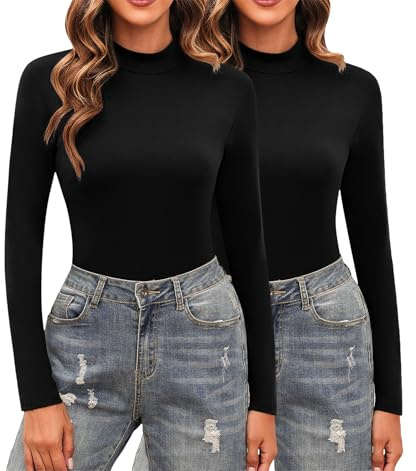 Totatuit Pack 2 camisetas termicas mujer algodon manga larga cuello alto camiseta interior suave elastica ideal debajo sueter chaqueta invierno 012-Negro+Negro，S