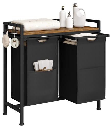 WOLTU Wäschekorb 2 Fächer, jedes 40 L, Wäschesammler mit Ablage Metallrahmen, Oxford-Stoff-Wäschesack ausziehbar abnehmbar, Wäschesortierer Wäschebehälter schwarz