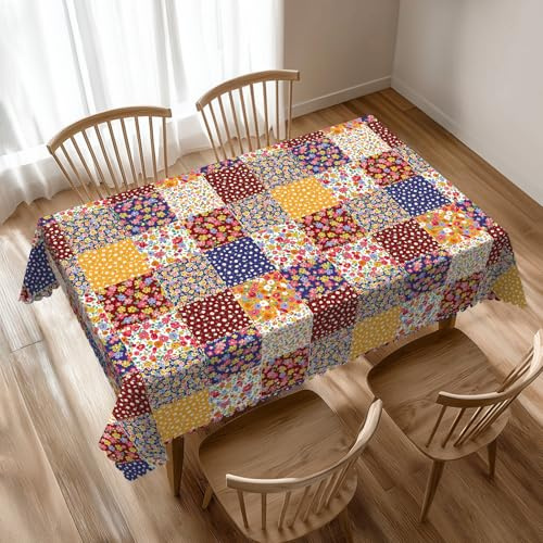 VIMPEYDON Boho Floral Patchwork Table Cloth for Dining Tables, Reusable Country Garden Fall Flowers Plaid Patchwork Tablecloths Decoration Rectangle Table Cover for Kitchen,Holiday,Party, 54x72 Inch