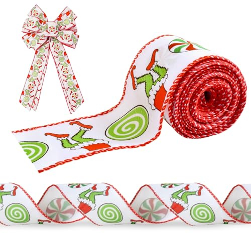 Cinta Navideña con Alambre, Rojo Verde Menta Dibujos Animados Personajes Cintas Navideñas, 6.3CM Ancha Cinta Navidad para Envoltorios de Regalos, Árbol de Navidad, Manualidades, Coronas, Lazos (4.57M)