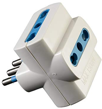 Adattatore spina tripla con spina piccola 10A e prese bivalenti 10 16A colore bianco con marchio CE 1500W