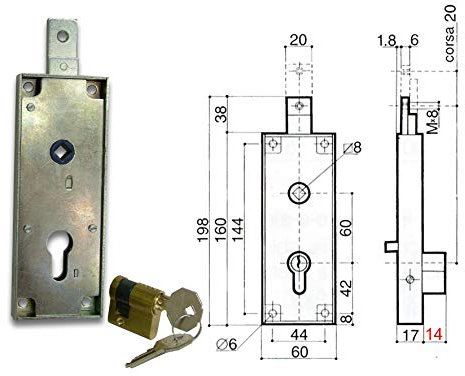 Cerradura para basculante/garaje cilindro de perfil europeo distancia entre ejes 60 mm Latón.