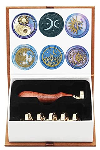AMTOL 6 Stück Wachs-Siegel-Siegel, Sternenhimmel, Sonne und Mond und 1 Holzgriff, personalisierbarer Vintage-Wachs-Siegel für Briefkarten, Einladungen
