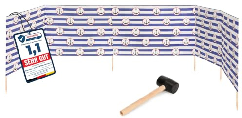 Garronda Paravento da Spiaggia, Protezione dal Vento, Protezione Privacy, Spiaggia, Giardino, paravento + Martello di Gomma GAEX001 (Strisce/Ancore-2, 6 m)