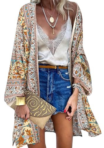 ZANZEA Damen Blumendruck Kimono Strickjacke Boho Strandkleid Pareos Poncho Sommer Strand Bikini Cover Up Boho-Beige XXL
