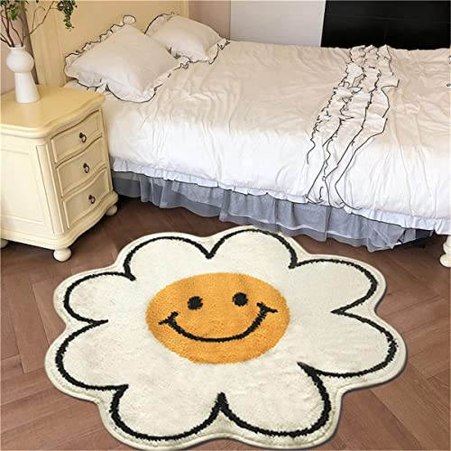 Niedlicher Smiley-Gesichts-Teppich, Sonnenblumen-Teppich, Flauschiger Teppich für Kinderzimmer, Schlafzimmer, Matten, niedliche Badematte, Wasseraufnahme, rutschfest(blau, Durchmesser 80 cm), Weiß