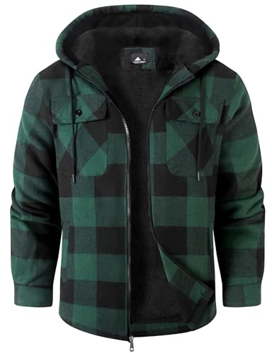 SwissWell Herren Hemdjacke Verdicken Karierts mit Reißverschluss Flanelljacke Plüschfutter Freizeit Gefüttert Kapuzenpullover Männer Winter Hemd Fleece Hoodie Winterjacke mit Taschen(Grün L)