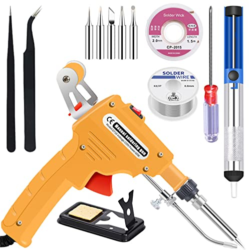 11 en 1 Kit de Pistolet à Souder Automatique 60W, Trousse de Fer a Souder Etain Électrique avec 5 Pointes à Souder, Pompe à Dessouder, Pincettes, Fils à Soude, 2 Pincettes Antistatiques - Jaune