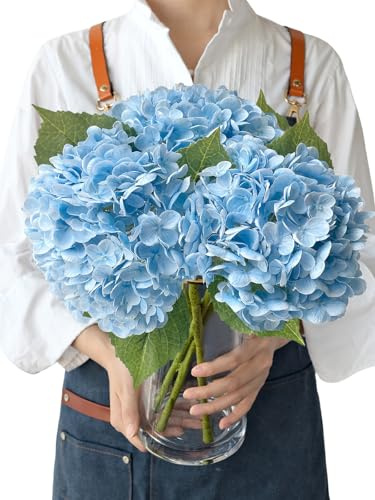 JINWOE Ljusblå blommor äkta beröring konstgjorda hortensior, 3 st 51 cm stora kungliga latexsilkesblommor, långa stjälkar falsk blombukett för bordsuppsatser, bord, hemmafest