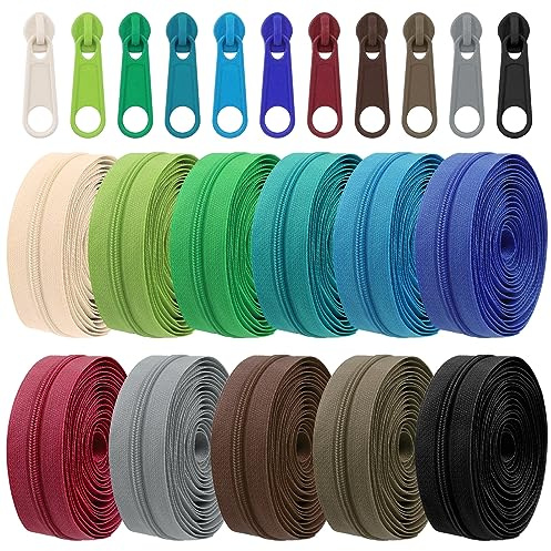 Tanstic Lot de 121 fermetures éclair en nylon avec curseurs - Assortiment de 11 couleurs - 30 m - Avec têtes de fermeture éclair - Pour couture et travaux manuels