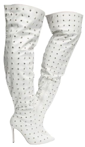 Liliana Women Rhinestone Stiletto Heel Over the Knee Thigh High Fashion Boots MUCCIA-1 boots WHITE 8.5