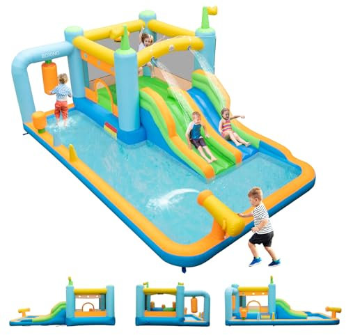 GOPLUS Castillo Inflable Gigante Niños con 2 Toboganes, Piscina de Salpicaduras, Cañón de Agua y Bolsa de Boxeo, Zona de Juegos Exterior Interior 3-10 Años (sin Soplador)