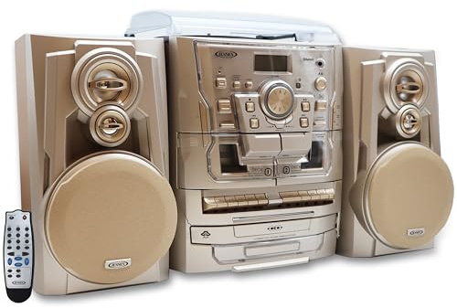 Jensen® Bluetooth® 3-Speed Turntable CD Player Home Stereo System with Turntable 3 CD Changer Music System, Dual Cassette Deck, Stereo Record Player with Remote Control, Gold