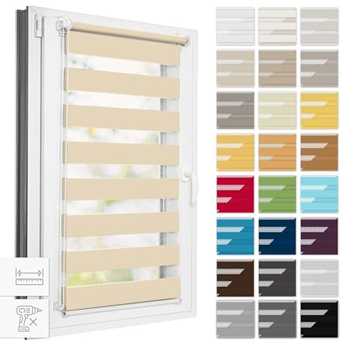 Estika Doppelrollo Klemmfix ohne Bohren, Breite alle 1 cm - 60 cm x 150 cm - Beige - Tag und Nacht Duo Rollo, Rollos für Fenster ohne Bohren, Fenster Sichtschutz