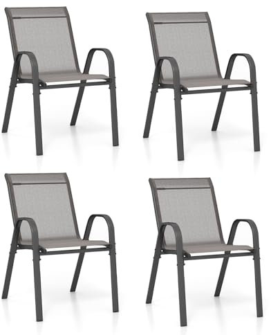KOMFOTTEU 2/4er Set Gartenstühle, Stapelstühle aus Stoff mit Metallrahmen, Balkonstühle stapelbar mit Armlehnen und hoher Rückenlehne, Terrassenstühle 56 x 70 x 84 cm (4, Grau)