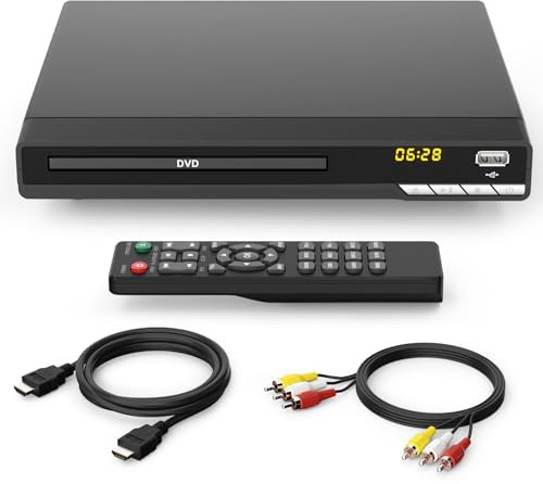 1080P HD DVD-spelare för TV med HDMI, regionfri, CD-spelare för hem, spelar alla regioner och format, mini DVD-spelare med USB, fjärrkontroll, HDMI- och RCA-kablar ingår (DVD-004)