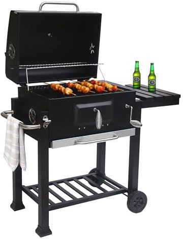 Neo Smoker Barbecue Charcoal Portable BBQ Grill Built-in Thermometer Adjustable Tray Side Shelf Wheels Storage for Home Garden Party Cooking