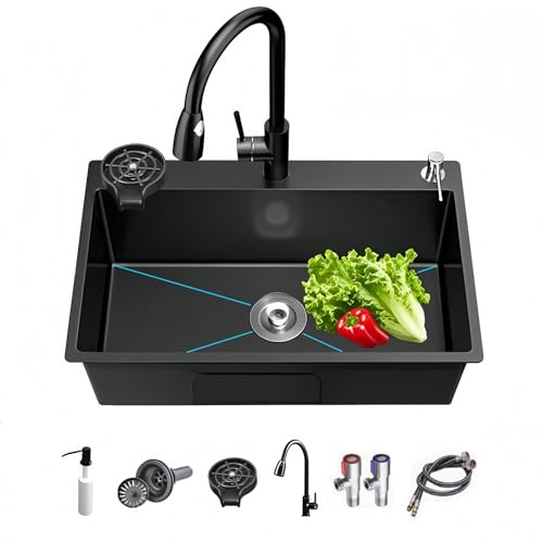 Ecoxsnz Trehål, svart, rostfritt stål, diskbänk, 80 x 50 cm, Utility, diskbänk, enkelhandfat med tvåldispenser, vattenkran, lämplig för kök, bar och utomhusbruk (svart, 80 x 50 cm)