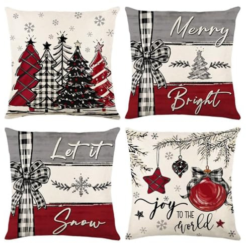 FengRise 4 Pieza Funda Cojin Navidad, Fundas Cojines Navidad 45x45 con Motivos de Lazo Grande, Campanas, Arbol Pino, Lino Funda de Cojines Navideños para Sofá Salón Dormitorio Decoracion Hogar